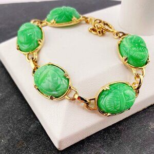 VINTAGE Gold tone metal and marbled jade green plastic scarab beetle bracelet